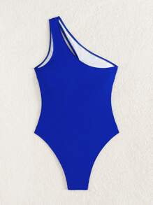 Swim SXY New Summer Solid Color Asymmetrical Neckline Gold Decorated Hollow One-Piece Swimsuit, Beach Vacation Fit Women's Bikini Curve Hot Style Highlights Figure Sexy One-Piece Blue Special-Shaped Metal Decoration - Royal Blue - View 4