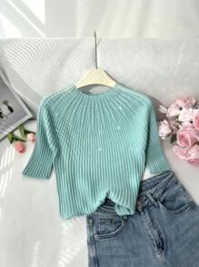 SHEIN Privé 大码纯色短袖毛衣背心，简约时尚，适合夏季 - 綠色 - 查看 5