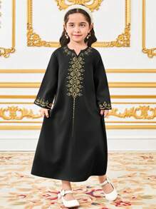 SHEIN Young Girl Retro Patterned Maxi Long Dress - Black - View 6