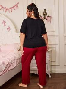 SHEIN Plus Size Color Contrast Ruffle Cherry Print Pajama Set - Multicolor - View 2
