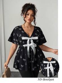 Elenzga Plus Size Women's Summer Casual Vacation Ribbon Bowknot Ruffled Sleeve A-Line Waist Shirt - Black - View 6