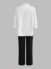 Modmama Solid Color Sleeveless Top, Tie-Front Pants, And Shirt Maternity Set - Black - View 2