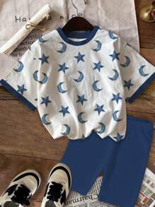 SHEIN 2pcs/Set Star & Moon Pattern, Teen Girls Casual Loose Short Sleeve T-Shirt And Legging Set, Summer - Multicolor - View 2
