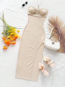 Soleia 女款海泡石绿色针织纹理抹胸褶饰露背高开衩连衣裙 - 卡其色 - 查看 3