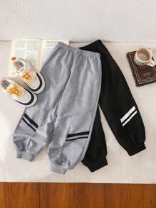 SHEIN 2pcs Young Boy Black & Gray Striped Knit Pants, Suitable For Various Occasions - Multicolor - View 3