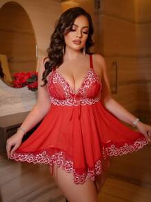 Seduluxe 2pcs Set: Classic Sexy Lace Patchwork Fishnet Dress + G-String - Red - View 1