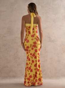 Glamine Abito lungo estivo da donna in stile romantico da vacanza primaverile ed estiva, con spalline a collo alto, decorazione in metallo a forma di stella marina, stampa floreale in rete, taglio aderente ed elastico, senza maniche