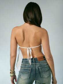 Denimoi Backless Chiffon Draped Halter Top With Gold Necklace Trim Open Back Sexy Top Sleeveless Fashionable Clubbing Tops GNO Date Night Outfits Club Tops Vacation Tops Summer Tops Summer Outfits - White - View 2