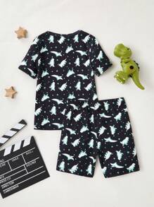 Set de 2 piezas con camiseta de manga corta con estampado de dinosaurio y pantalones cortos casuales y lindos para niño pequeño, pijama de ajuste ceñido