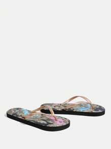 Grefit Sandal Jepit Datar Wanita Bermotif, Nyaman & Elastis, Cocok untuk di Rumah, Pantai, dan Liburan - Hitam - View 5