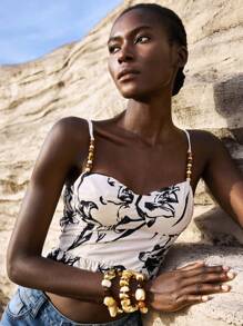 Maija 多色印花度假波西米亚风沙滩舒适休闲荷叶边串珠装饰修身无袖上衣，女士，春夏款 - 彩色 - 查看 5