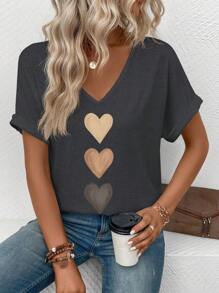 SHEIN Women's Spring/Summer V-Neck Ruffle Cuff, Ombre Heart Graphic Casual & Versatile T-Shirt - Dark Grey - View 3