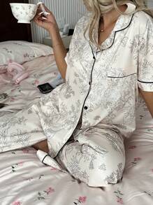 Dream Adore Conjunto de pijama con estampado de árbol floral y conejo, de manga corta y cuello