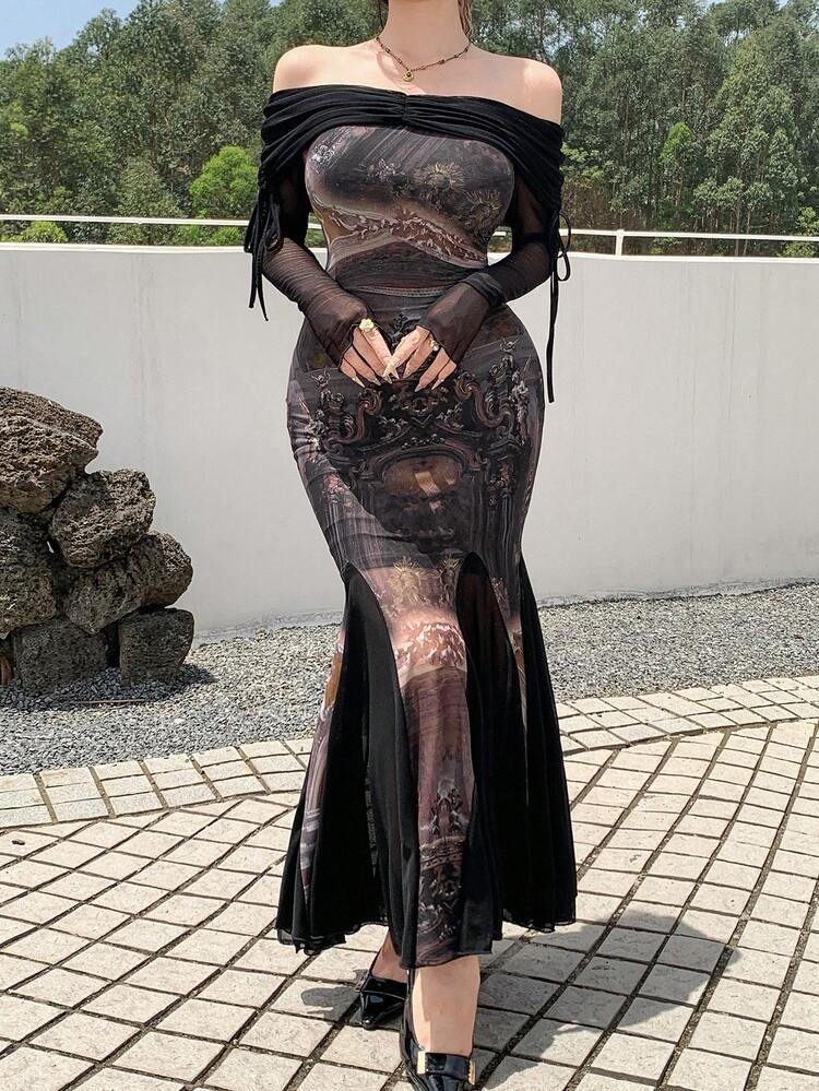 Women's Fall Sexy Fitted Mesh Patchwork Fish Tail Vintage Oil Painting Off Shoulder Twist Knot Beach Dress Long Sleeve Dress Luxury Prom Dress