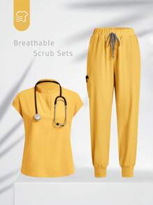 TaskEZ Conjunto de uniforme de scrubs con top de manga corta y pantalones de unicolor simple - Amarillo Mostaza - Ver 1