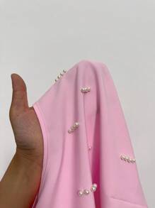 SHEIN Unity 女式加大码夏季圆领设计收腰短款珍珠装饰上衣