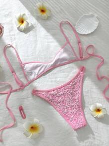 Swim Mod 女士提花面料细肩带高开叉性感比基尼套装 - 粉色 - 查看 2