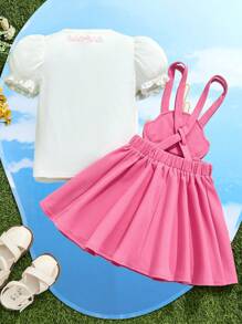 Teletubbies X SHEIN Young Girl Cartoon Puff Sleeve Top And Cute Sweet Versatile Pink Suspender Skirt Set
