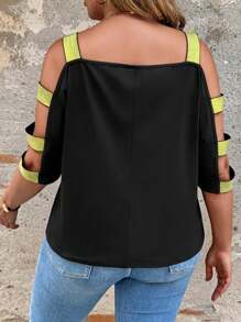 SHEIN LUNE Plus Size Leopard Print & Butterfly Hollow Out Band Black T-Shirt - Black - View 2