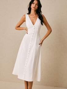 Poéselle 女士连衣裙 亚麻白色连衣裙 长款连衣裙 后腰系带 女士纯色 V 领单排扣无袖休闲长裙 夏季女士连衣裙 夏季连衣裙 太阳裙 波西米亚风夏装 夏季女装 Y2k 乡村音乐会服装 节日服装 商务休闲女装 - 白色 - 查看 6
