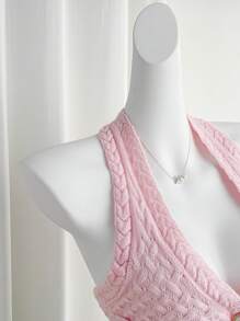 Sweetra Summer Girls Cute Deep V-Neck Hollow Out Knitted Vest, Flattering & Stylish - Pink - View 3