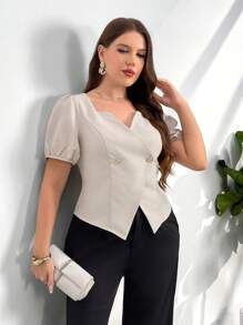 Firerie Plus Size Women's Solid Color Short Puff Sleeve Double-Breasted Fashionable Shirt - Apricot - View 1