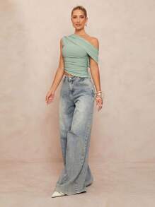 Lumalex 1 件女式不对称肩部高弹柔软斜肩衬衫 - 杏色 - 查看 5