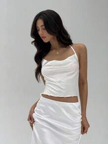 Aloruh Damen sexy und elegantes Drapierung Hals Halfter Satin Top und Meerjungfrau Maxi Rock Zweiteiler, Outfit für Hochzeitsgäste, Outfit für Hochzeitsanlässe, Zweiteiler Rock