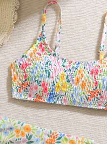 3pcs/Set Floral Print Bikini Set, Vacation Style, Random Print Young Girl Summer Outfits Young Girls Sets Bathing Suits For Teens Sets Summer Bathing Suits 1pc For Teens Bathing Suits For Teens Teen Girls Bikini Sets