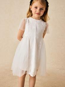 SHEIN Young Girls & Elegant Mesh Patchwork Puff Sleeve Dress - White - View 3