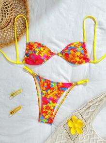 SHEIN Swim 2pcs/Set Summer Holiday Women Printed Beach Random Strap Top And Thong Bikini Set - Multicolor - View 1