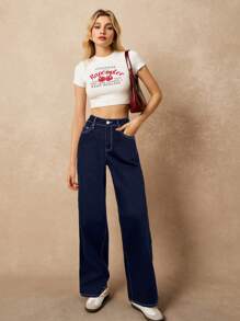 Poéselle 女式宽松直筒休闲牛仔裤，带口袋，百搭 - 深色水洗藍 - 查看 4