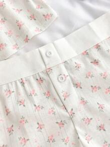 SHEIN Conjunto de 2 piezas de camisola con lazo y encaje con estampado floral diminuto, y shorts de cintura alta, estilo clean girl/bm, primavera y verano para chicas adolescentes, color azul marino - Rosa - Ver 6