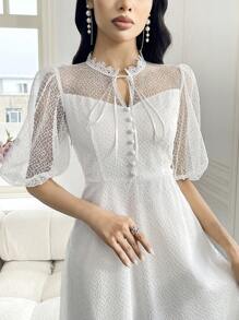 Modelyn 优雅纯色系带灯笼袖网布夏装 - 白色 - 查看 4