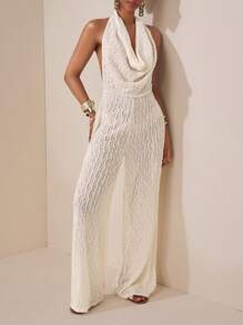 Zivah 2025 春夏新品音乐节、复活节、圣帕特里克节、西部风、游牧风、生日派对、毕业季、学院风、学生风、日常休闲装、百搭百搭、休闲装、度假装、邮轮旅行、海滩装、日光浴装、社交媒体爆红装、街头装、婚礼宾客装、杏色露背系带纹理针织连体裤修身连身裤 - 杏色 - 查看 4