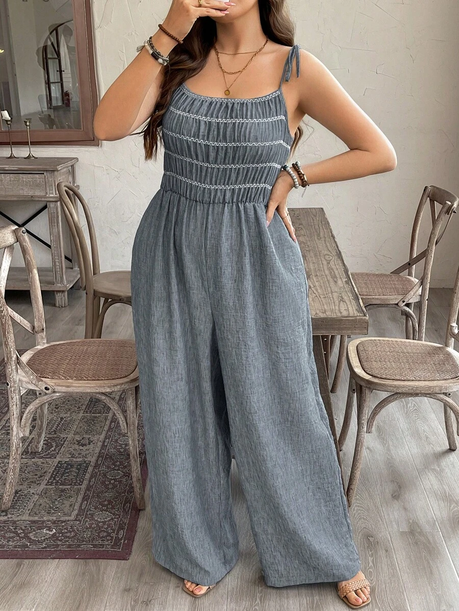 SHEIN LUNE 加大码仿旧竹节针织连体衣 西部风女装 波西米亚风 90 年代服饰 节日夏季波西米亚风复古风 女士夏季服装 春假狂欢装 节日春假装 - 黑色 - 查看 1