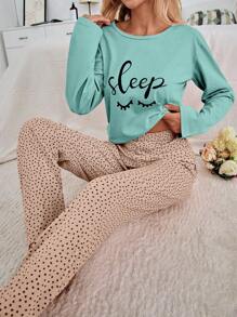 RueChic 100% Cotton 2Pcs Eye&Heart Printed PJ Set - Mint Blue - View 5