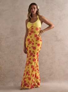 Glamine Abito lungo estivo da donna in stile romantico da vacanza primaverile ed estiva, con spalline a collo alto, decorazione in metallo a forma di stella marina, stampa floreale in rete, taglio aderente ed elastico, senza maniche