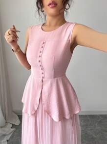 Elenzga Damski festiwalowy top bez rękawów i spódnica z siateczki 2-częściowy zestaw, różowy materiał teksturowany, okrągły dekolt, ściągacz w talii, elegancki strój na lato - Różowy - Zobacz 3