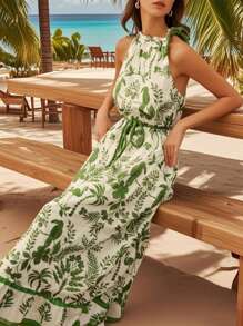 INAWLY Đầm hở lưng họa tiết cây xanh giản dị cho kỳ nghỉ - Nhiều màu - Xem 1