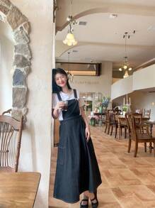 DAZY 女士夏季休闲牛仔背带中长连衣裙，水洗款式 - 藍色 - 查看 3