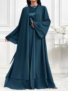 Al Najma 女士圆领长喇叭袖腰系带优雅长袍，朴素优雅的风格，适合日常休闲/工作/度假/晚会/婚礼宾客 - 水鴨藍 - 查看 6