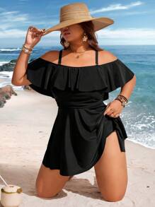 Swim Lushoire Plus Size Women's Solid Color Ruffled Shoulder Vacation Tankini Top For Summer - Black - View 4
