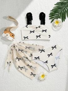 3件套女童可爱蝴蝶结印花比基尼套装（含纱笼沙滩罩衫）