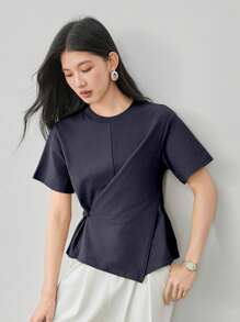 Dazy-Less Áo thun nữ công sở mùa hè, kiểu dáng thường ngày, thắt nút bất đối xứng, tay ngắn, thích hợp cho giáo viên. - Màu xanh hải quân - Xem 6