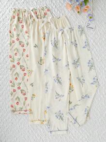 CottageSlumber Set de 3 pantalones de pijama con cintura elástica y estampado floral para vacaciones y temporada festiva