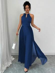 Elenzga Elegant Commuter Green Halter Self-Tie V-Neck Waist Cinched Sheer Hem Chiffon Jumpsuit For Women