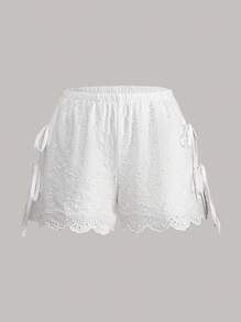 Sweetra Women Summer Holiday Lace Embroidery Side-Tie Shorts - White - View 1