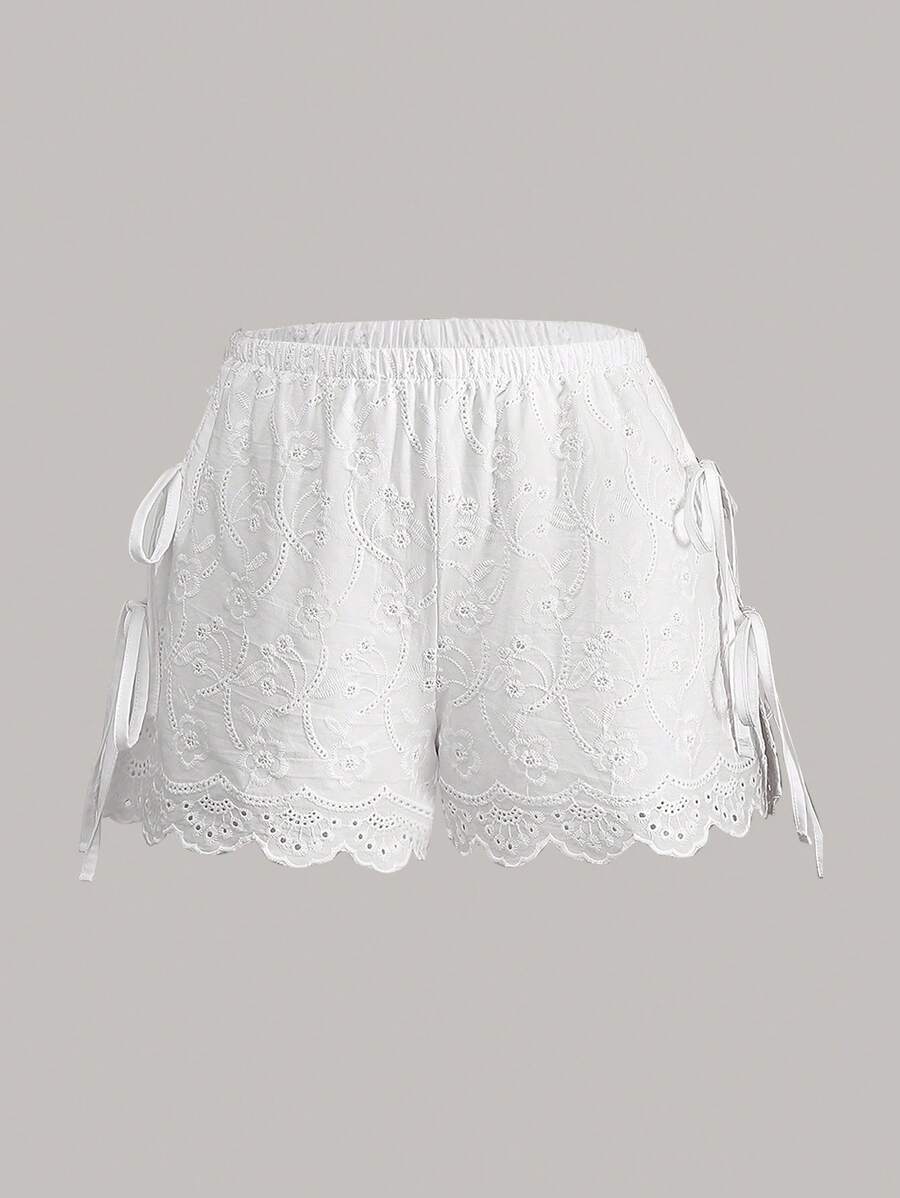 Sweetra Women Summer Holiday Lace Embroidery Side-Tie Shorts - White - View 1