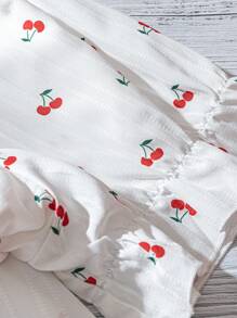 SHEIN LUNE Áo cánh tay bồng ngắn cổ vuông in họa tiết quả anh đào cỡ lớn cho nữ - trắng - Xem 3